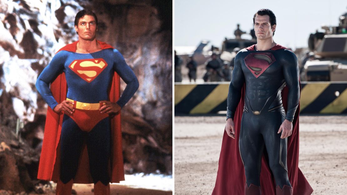 From left to right, Reeve's bright suit stands in stark contrast with the costume used in "Man of Steel" (2013), designed by Michael Wilkinson.