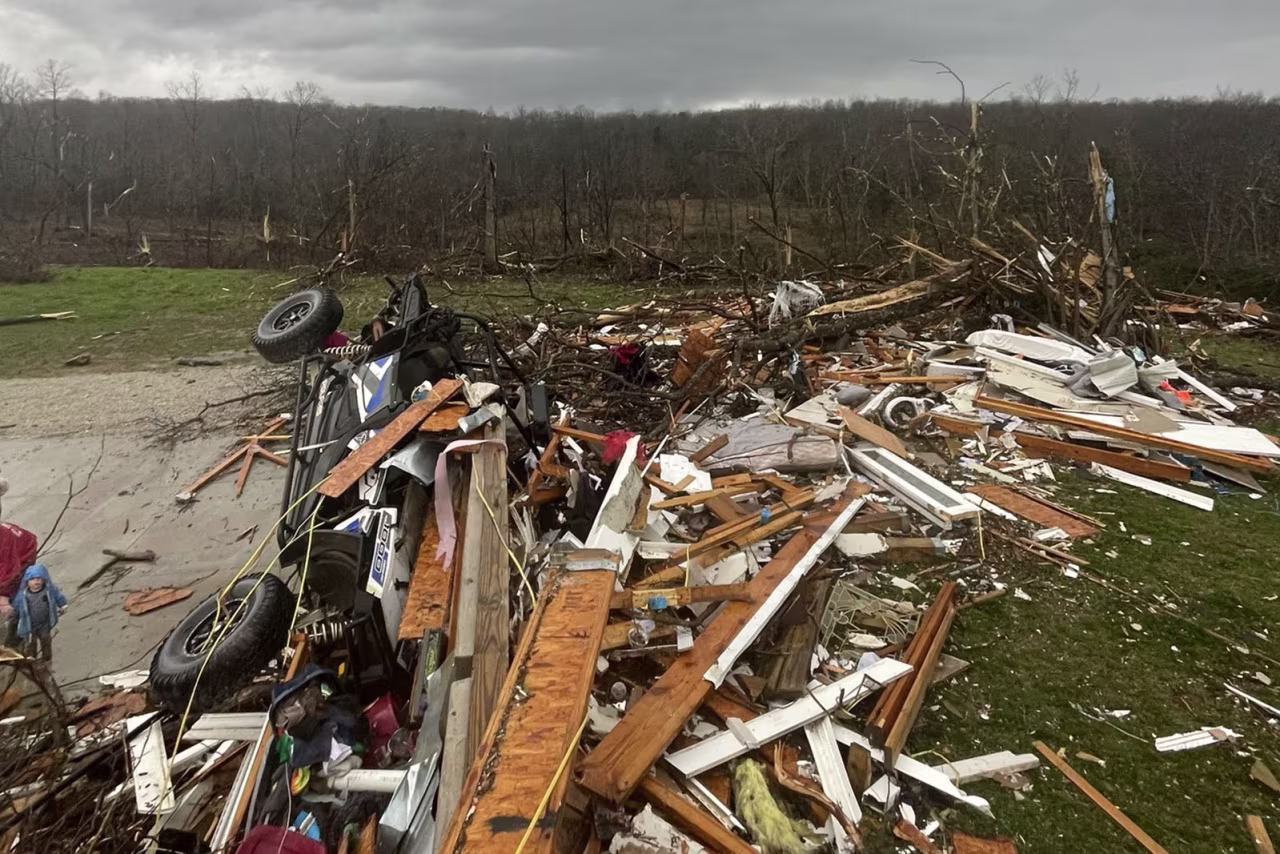 Homes and structures were completely damaged after a tornado touched down near Potosi, Missouri, on Wednesday.