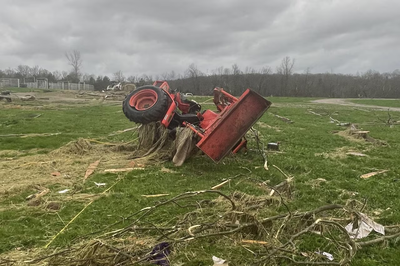 Farm equipment is affected by the tornado in Potosi.