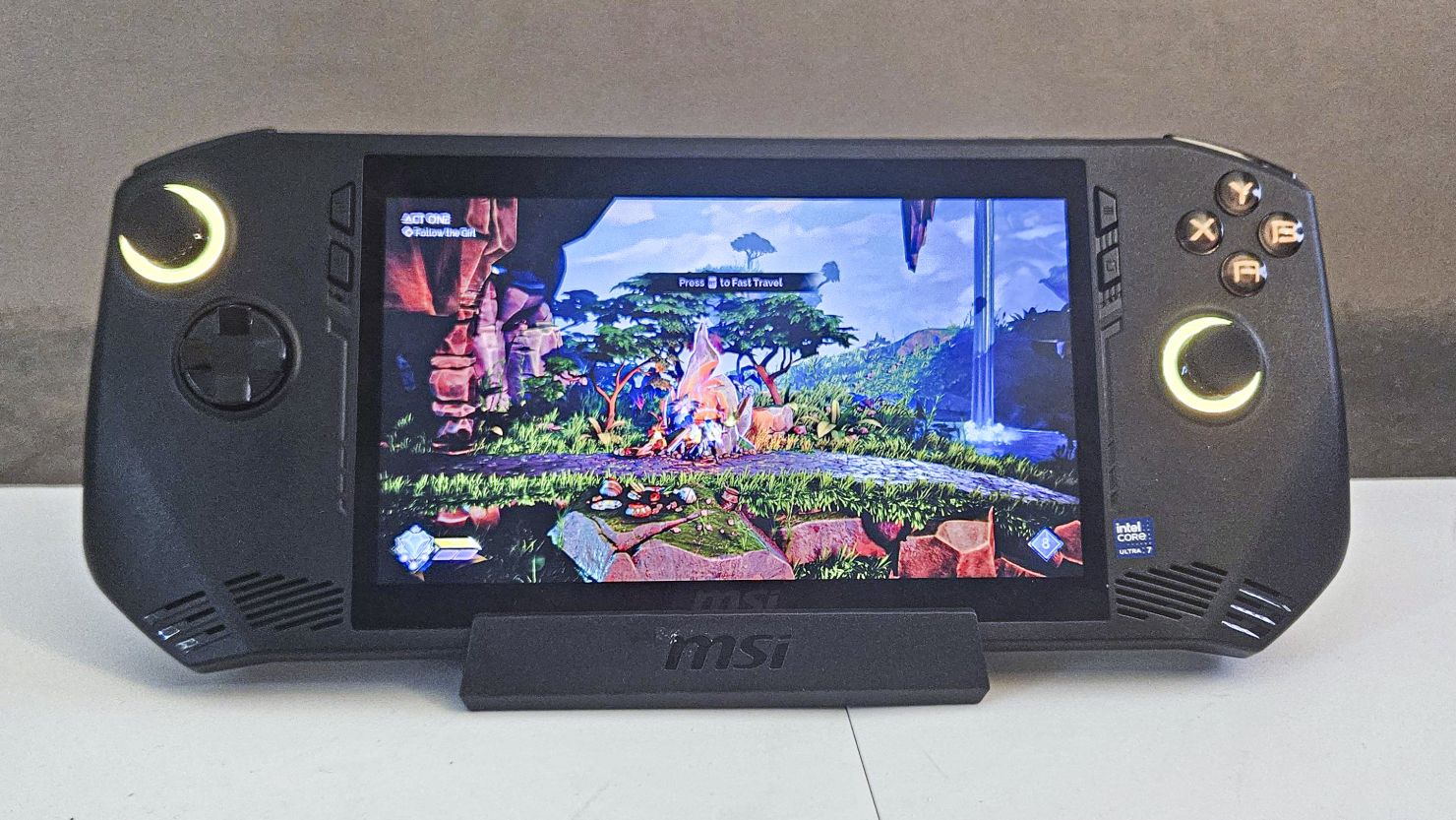 MSI Claw turned on with game playing on screen.