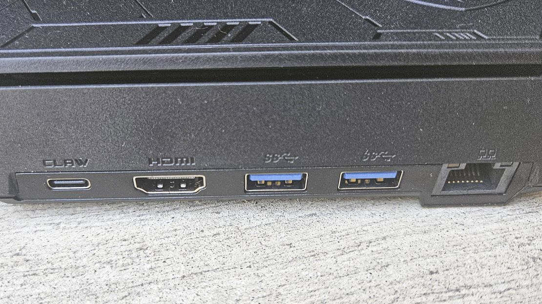 Side of MSI Claw showing HDMI port, USB-A ports, USB-C ports, and Ethernet jack.