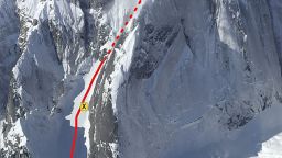 This handout photo released by the National Parks Service shows the "Escalator" route on Mt. Johnson, Denali National Park and Preserve. The X indicates the approximate location of the rescue of the surviving climbing partner.