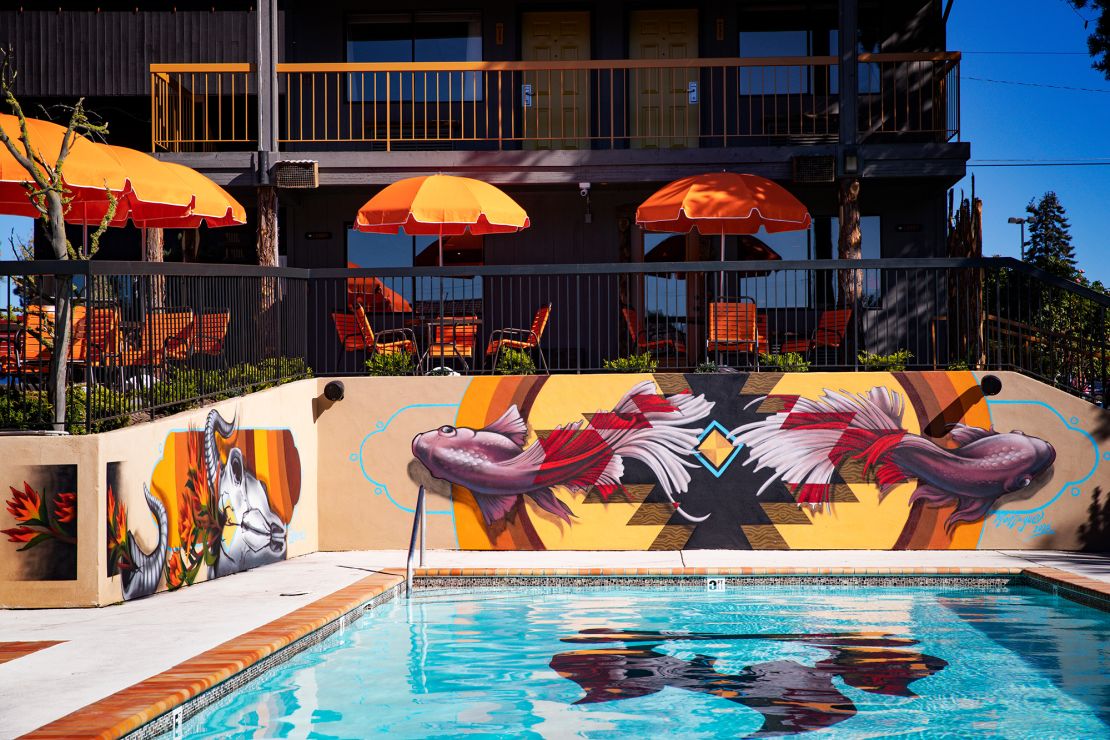 The pool at the Campfire Hotel is heated up to 100 degrees Fahrenheit in the winter, making for a lively outdoor scene after a day of exploring around town.