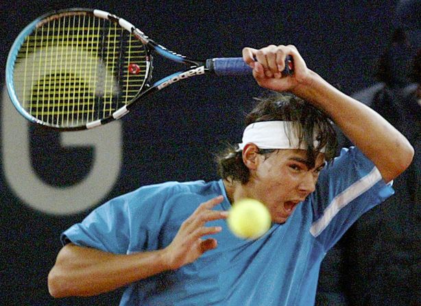 Nadal plays at the Hamburg Masters in Germany in 2003. Nadal’s powerful forehand, hit with extreme top spin, would become his signature shot.