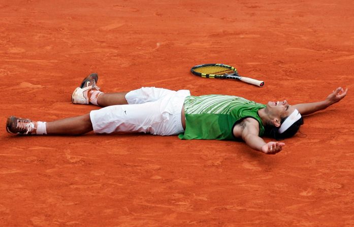 Nadal reacts after he won the French Open final in June 2005. He defeated Mariano Puerta to claim his first grand slam title.