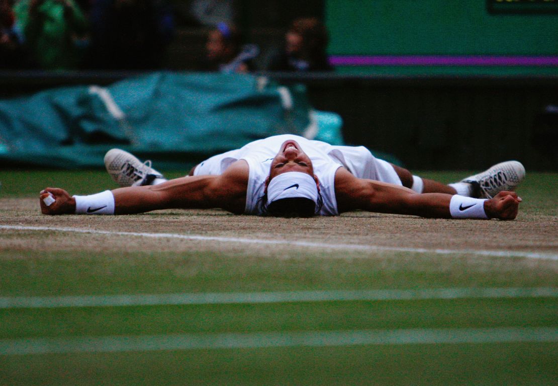 Nadal celebrates after beating Roger Federer in the Wimbledon final in 2008.