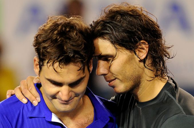 Nadal hugs Federer after defeating him in the Australian Open final in February 2009. <a href="https://www.cnn.com/2022/09/29/tennis/roger-federer-rafa-nadal-photo-ella-ling-tennis-spt-intl/index.html">The two rivals</a> played each other 40 times. Nine of those matches were grand slam finals.