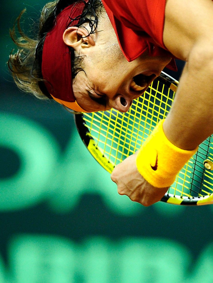 Nadal reacts after winning a Davis Cup match in December 2009.