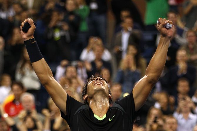 Nadal raises his arms in victory after winning the 2010 US Open final. Only seven other male players in history have won all four major championships.