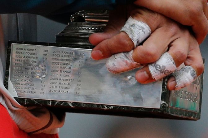 Nadal’s French Open dominance is evident by the inscriptions on the trophy in June 2013. He had just won his fourth straight French and the eighth of his career.