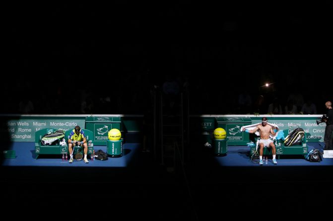 Nadal, right, and David Ferrer rest between sets at the Paris Masters in November 2013.