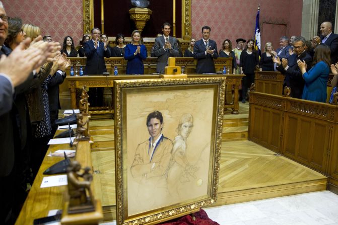 Nadal, back center, attends a ceremony in Palma, Spain, where he was named a “Favorite Son of Mallorca” in 2014.