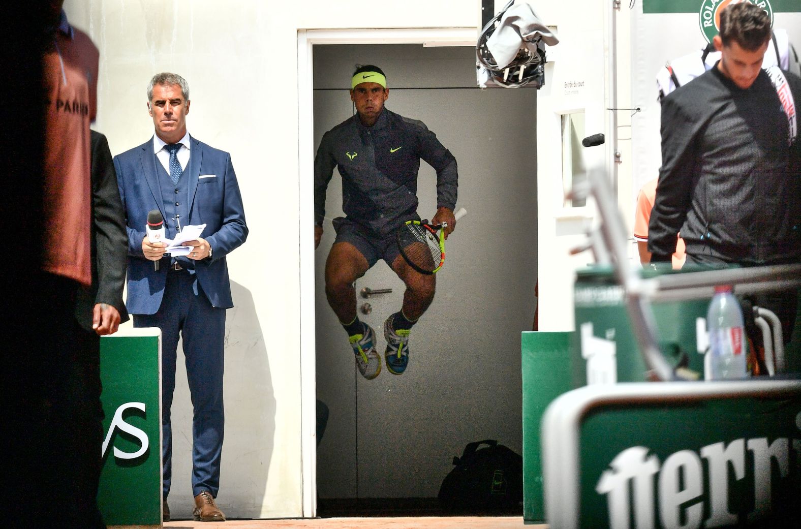 Nadal warms up before entering the court for the French Open final in June 2019.