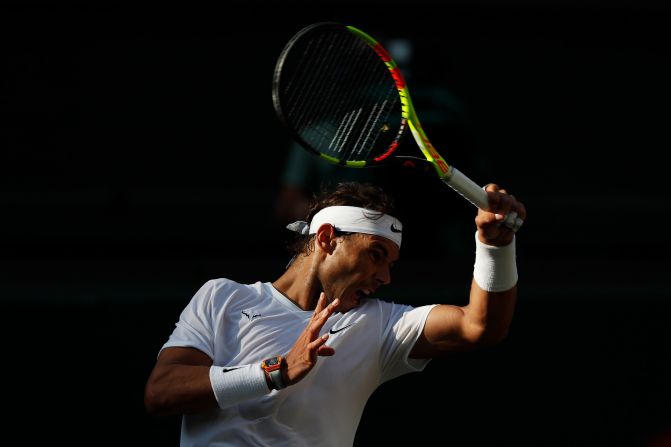 Nadal plays a forehand during a Wimbledon semifinal in July 2019.