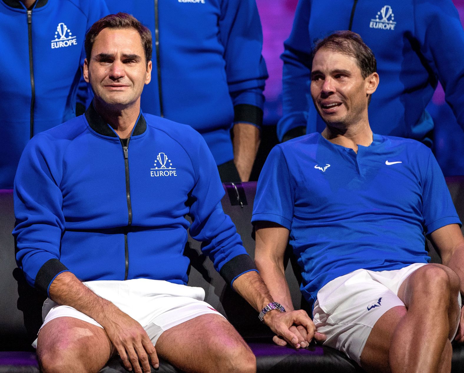 Federer and Nadal tear up after their Laver Cup match.