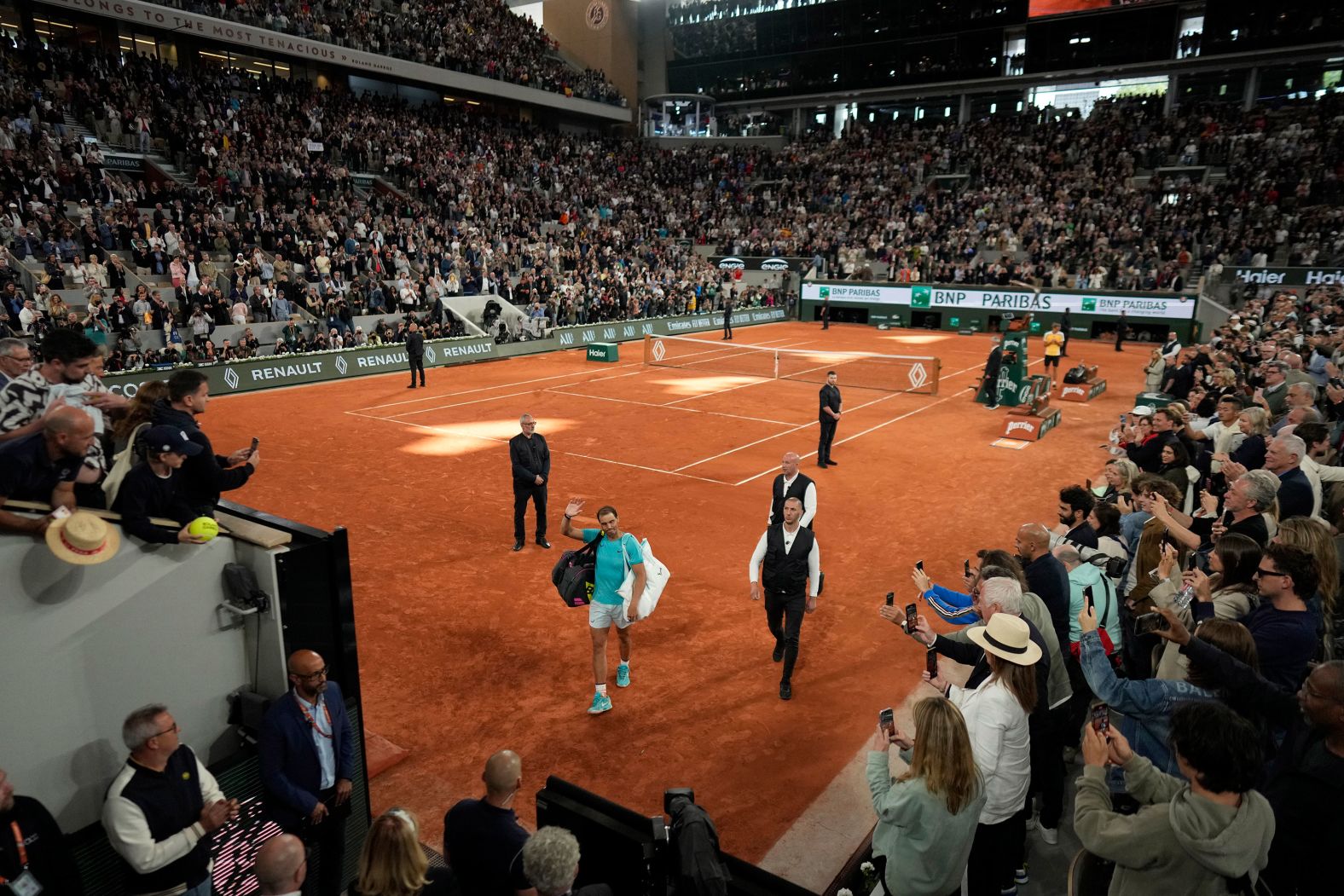 Nadal waves goodbye to fans and receives a thunderous ovation after <a href="index.php?page=&url=https%3A%2F%2Fwww.cnn.com%2F2024%2F05%2F27%2Fsport%2Frafael-nadal-alexander-zverev-french-open-2024-spt-intl%2Findex.html">he lost to Zverev</a> in the first round of the French Open in May 2024. His all-time record at the French Open was 112-4. “I don’t know if it’s going to be last time I’m going to be here in front of you,” he said in an on-court interview after the match. “I am not 100% sure, but if it is the last time, I enjoyed it.”