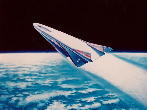 Between 1986 and 1994, NASA tested a scale model of the X-30, another SSTO vehicle which was expected to take off horizontally and fly at Mach 25, shown in this artist’s impression. A full-scale model was never built, as Congress withdrew funding in 1994.