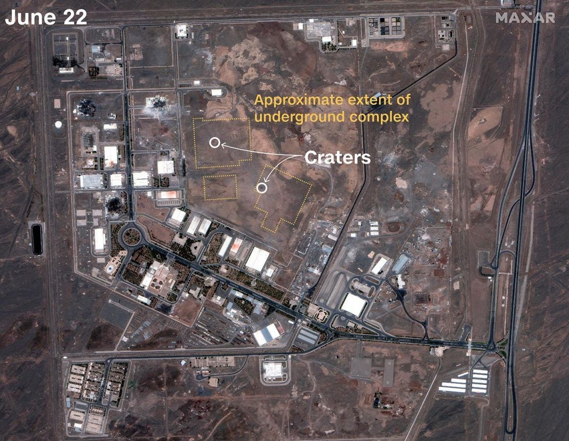 A satellite image shows two craters above underground halls at the Natanz Nuclear Facility after the site was bombed by the United States on June 22.
