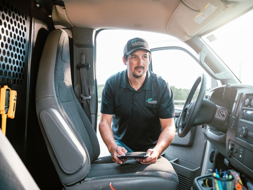 A technician at Gulfshore Air Conditioning and Heating, a company based in Niceville, Florida.