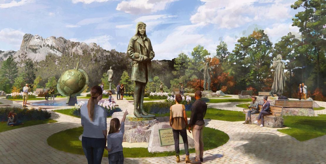 This rendering by Storyland Studios provided by the South Dakota's Governor's Office shows a mockup of the National Garden of American Heroes, featuring a statue of Amelia Earhart.