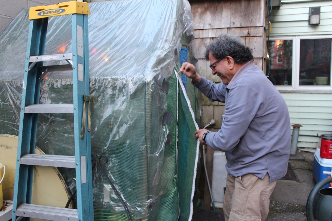 Reza Farzan opens the greenhouse in his backyard in Brooklyn.