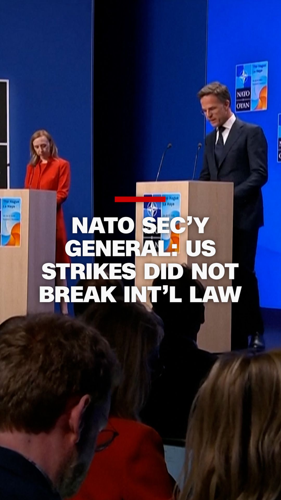 NATO Secretary General Mark Rutte, speaking to reporters during a press conference Monday ahead of a NATO summit in The Hauge, reaffirmed NATO's position that Iran "should not have its hands on a nuclear weapon" and that the US strikes over the weekend on the country's nuclear facilities were not "against international law."