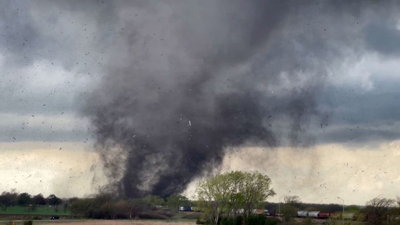 A massive tornado crosses I-80 near Lincoln, Nebraska on Friday, April 26.