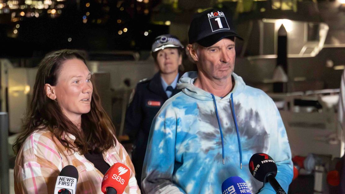 Lisa and Brett, two people rescued from their stricken yacht, speak to reporters after returning to shore on Tuesday, September 3.