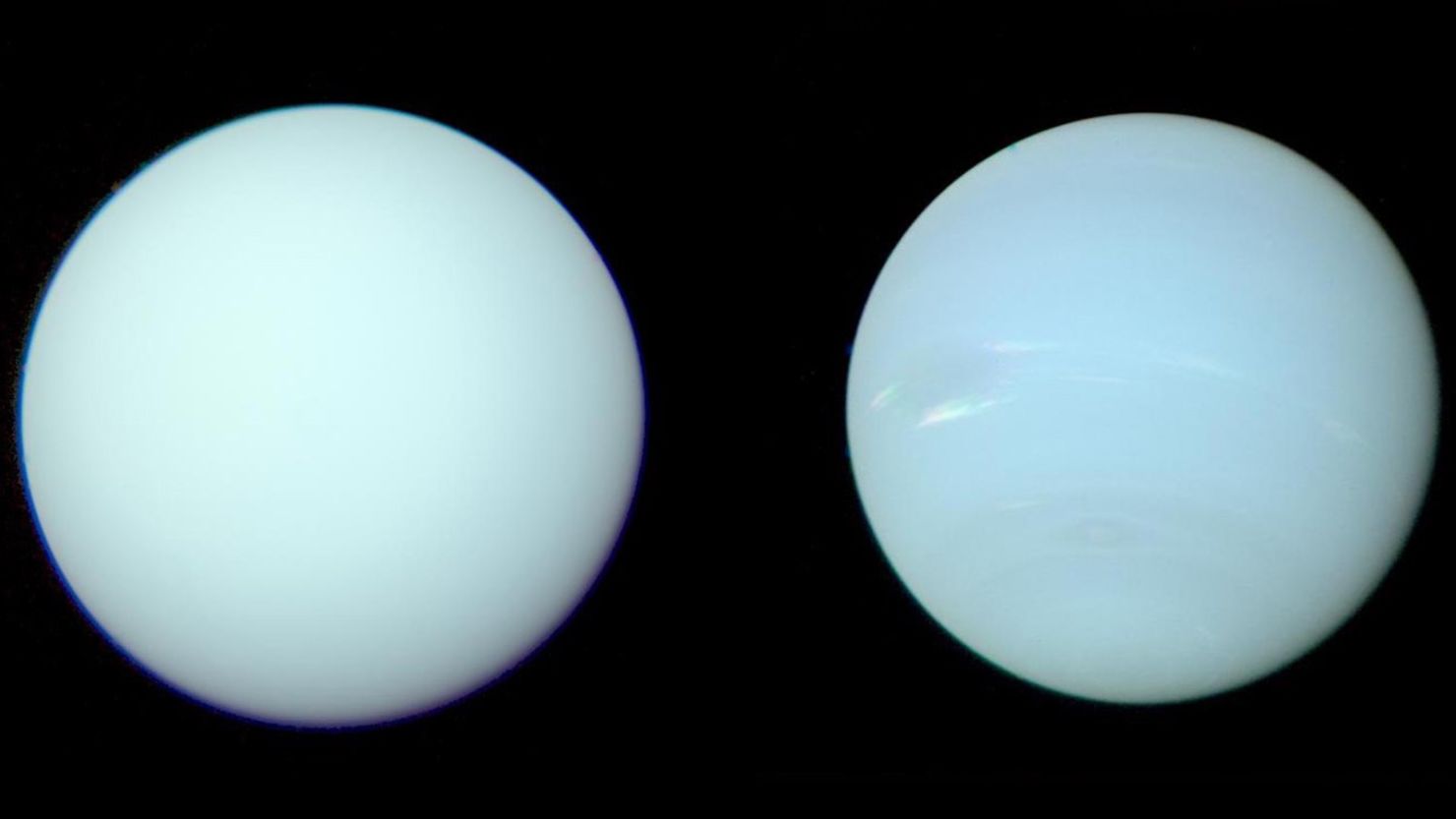 Reprocessed images show the true colors of Uranus (left) and Neptune.