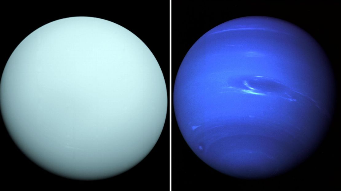 Voyager 2 captured the first detailed images of Uranus in 1986 (left) and Neptune in 1989.
