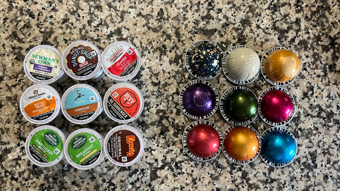 Keurig K-Cups (left) and Nespresso Vertuo capsules (right).