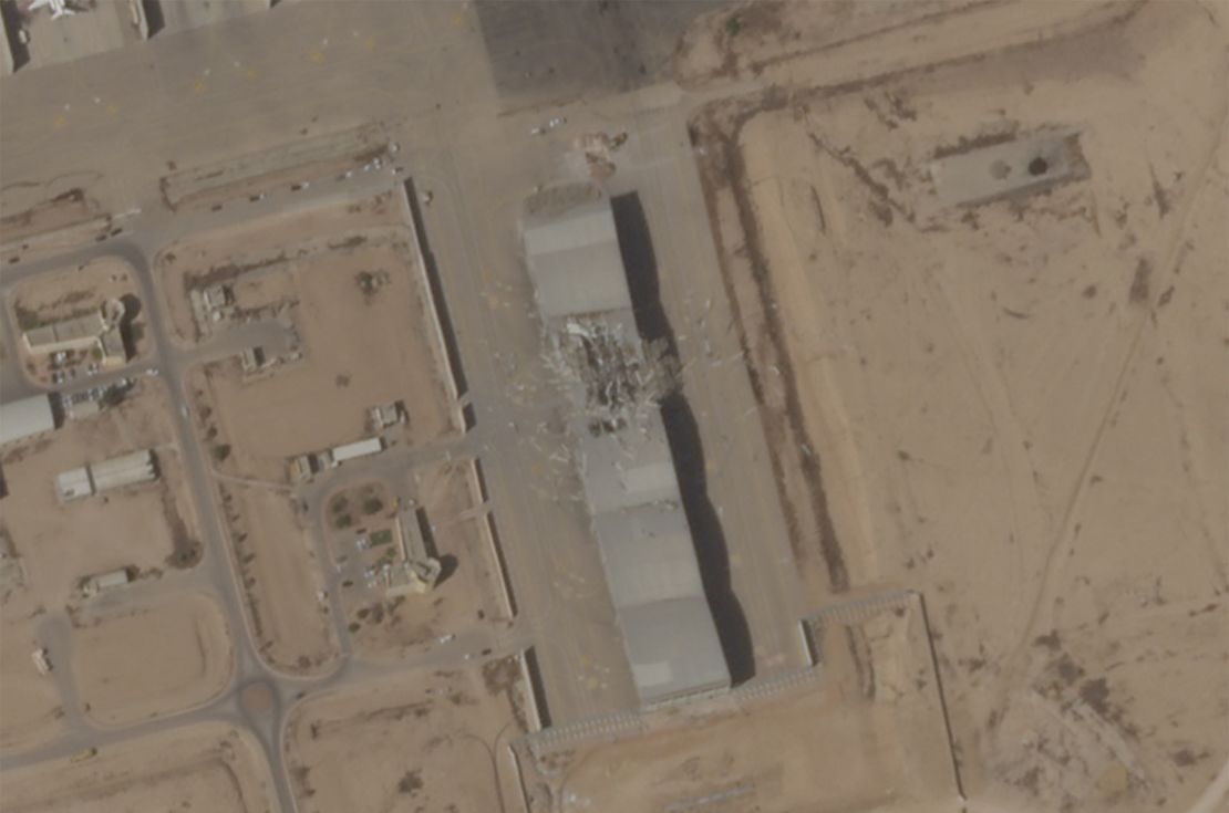 Two hangars, used to store large planes at Nevatim Air Base in Israel, were heavily damaged by missiles from an Iranian attack on October 1, 2024.