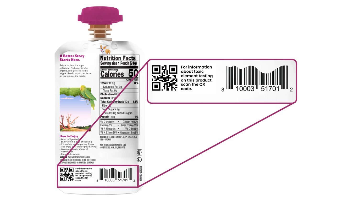 An example of how a baby food label may look under a new California law that requires baby food manufactures to provide test levels of heavy metals. Courtesy Brij