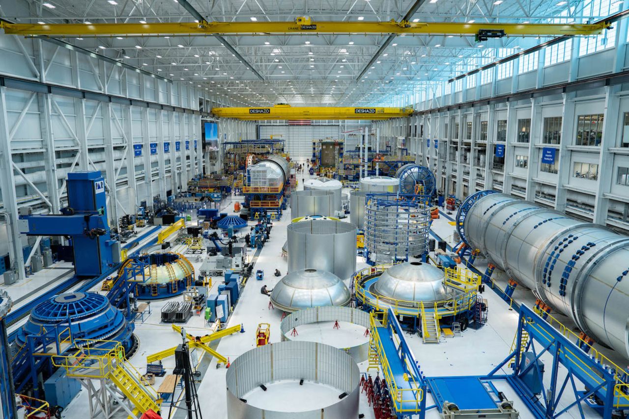 In this undated handout photo, New Glenn’s first and second stages are in the process of production at Blue Origin’s orbital launch vehicle factory at Cape Canaveral, Florida, in June 2023.