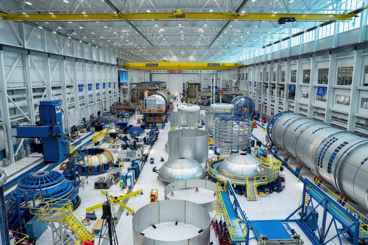 In this undated handout photo, New Glenn’s first and second stages are in the process of production at Blue Origin’s orbital launch vehicle factory at Cape Canaveral, Florida, in June 2023.