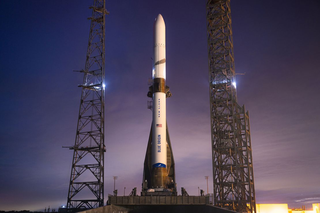 Blue Origin's New Glenn rocket is seen on a launchpad at Cape Canaveral Space Force Station in Florida on December 27, 2024.