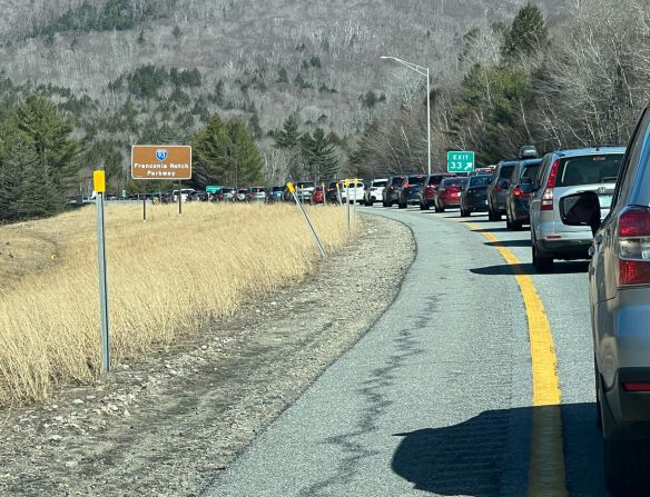 On her way to Crystal Lake State Park in Barton, Vermont, Karen Siegel of Newton, Massachusetts, encountered parking-lot level traffic just outside the path of totality on Interstate 93, near Lincoln, New Hampshire.