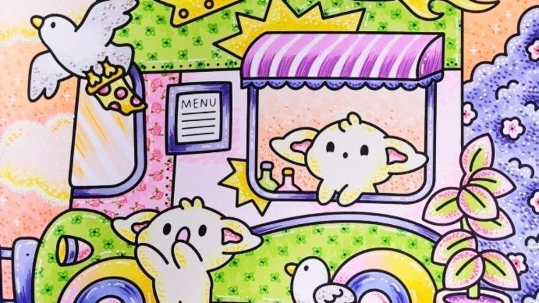 A coloring page created by a London-based independent illustrator who posts on TikTok under the alias Miss Kitsch.
