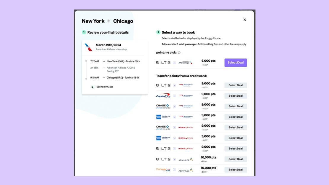 A screenshot of booking options for an award ticket from New York to Chicago on Point.me