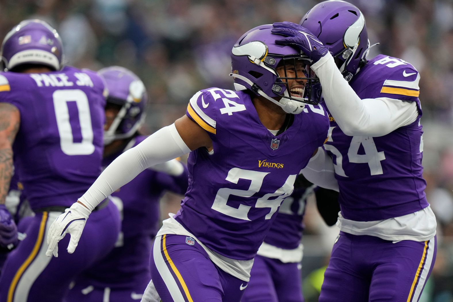 Minnesota Vikings safety Camryn Bynum celebrates after a play during a game against the New York Jets in London on Sunday, October 6. The Vikings extended their win streak with a 23-17 victory.