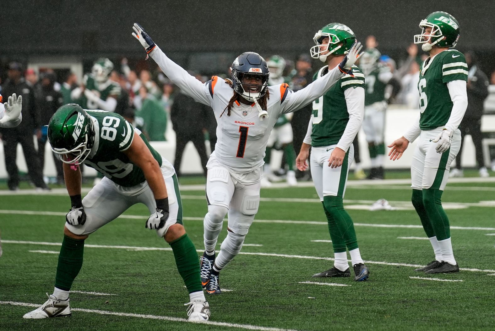 Denver Broncos cornerback Tremon Smith celebrates as a field goal attempt by New York Jets kicker Greg Zuerlein misses in the fourth quarter in East Rutherford, New Jersey, on September 29. The Broncos won 10-9.