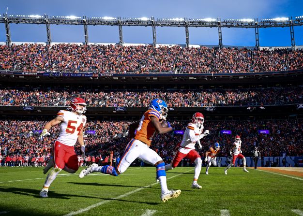 Denver Broncos wide receiver Marvin Mims Jr. sprints to the goal line for a touchdown in Denver on January 5. The Broncos beat the Kansas City Chiefs 38-0 and earned a spot in the playoffs.