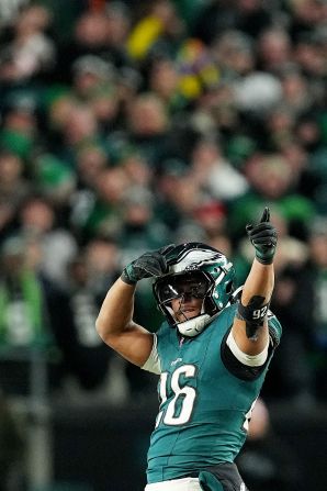 Philadelphia Eagles running back Saquon Barkley celebrates the Eagles' 22-10 a wild-card victory over the Green Bay Packers in Philadelphia on Sunday, January 12. The Eagles advance to the divisional round.