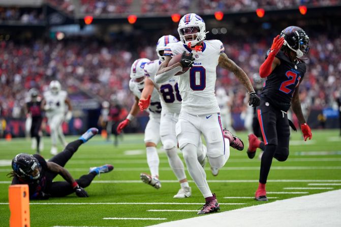 Buffalo Bills wide receiver Keon Coleman scores on a 49-yard touchdown reception during the Bills' 23-20 loss to the Houston Texans in Houston on October 6.