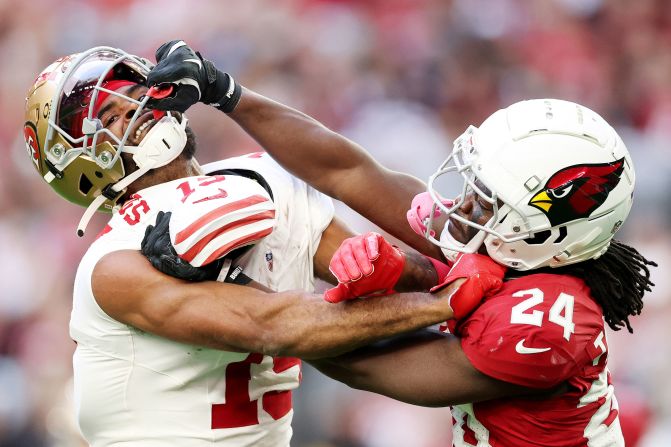 San Francisco 49ers wide receiver Jauan Jennings and Arizona Cardinals cornerback Starling Thomas V fight after a play during the Cardinals' 47-24 victory in Glendale, Arizona, on January 5.