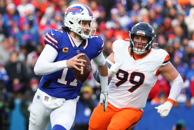 Buffalo Bills quarterback Josh Allen looks to pass in the fourth quarter of a wild-card game against the Denver Broncos in Orchard Park, New York, on January 12. The Bills won 31-7 and will play the Baltimore Ravens in the divisional round.