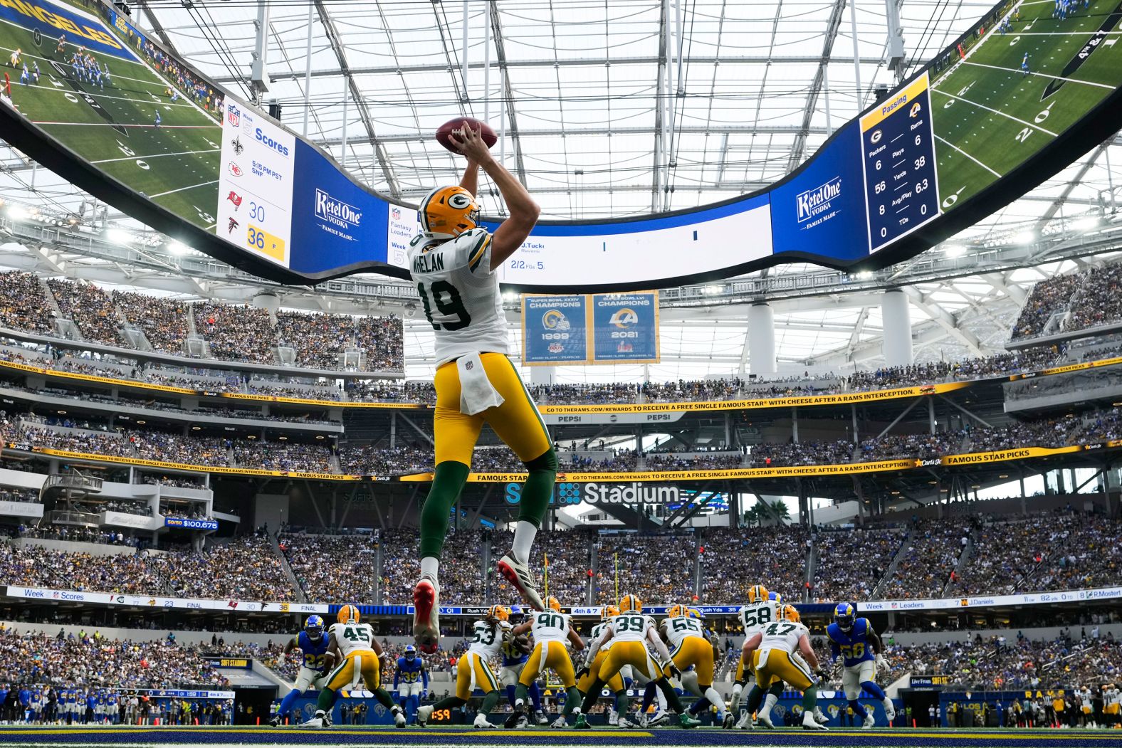 Green Bay Packers punter Daniel Whelan grabs a high snap during a game against the Los Angeles Rams in Inglewood, California, on October 6. The Packers won 24-19.