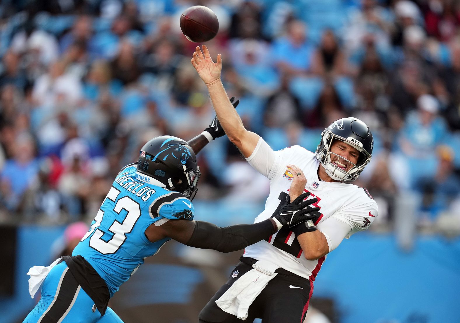 Carolina Panthers linebacker Claudin Cherelus pressures Atlanta Falcons quarterback Kirk Cousins in Charlotte, North Carolina, on October 13. The Panthers lost 38-20.