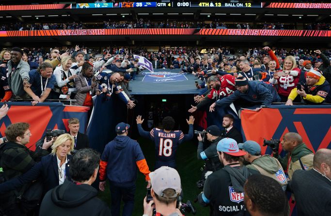 Chicago Bears quarterback Caleb Williams walks down the tunnel after his team <a >beat the Jacksonville Jaguars 35-16</a> at the Tottenham Hotspur Stadium in London on October 13. Williams completed 23 of his 29 pass attempts and throwing for 226 yards and four touchdowns.