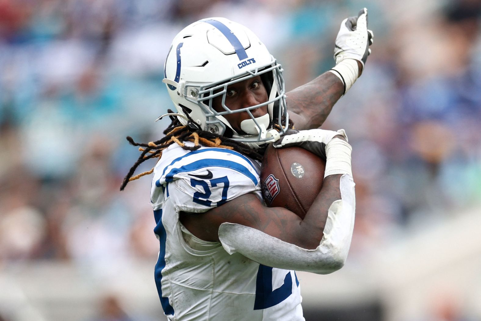 Indianapolis Colts running back Trey Sermon runs with the ball during the second quarter against the Jacksonville Jaguars in Jacksonville, Florida, on October 6.